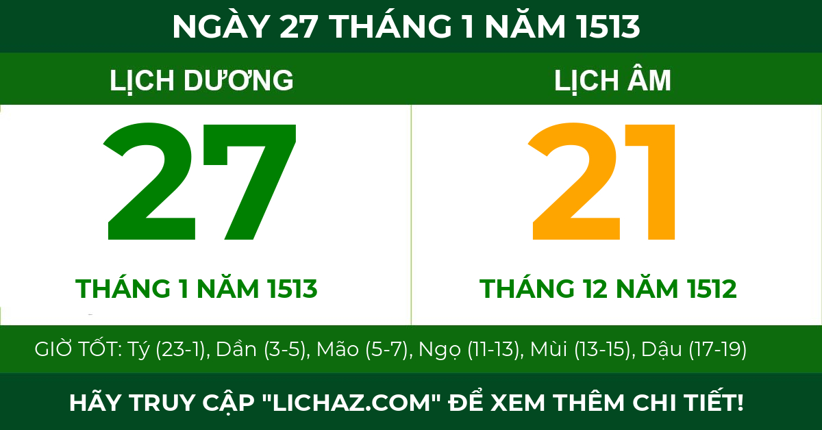 lịch âm ngày 27 tháng 1 năm 1513