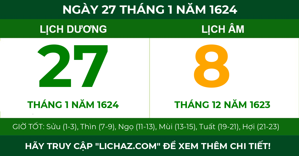 lịch âm ngày 27 tháng 1 năm 1624