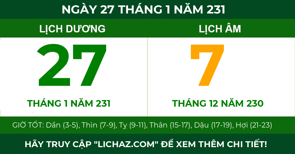 lịch âm ngày 27 tháng 1 năm 231