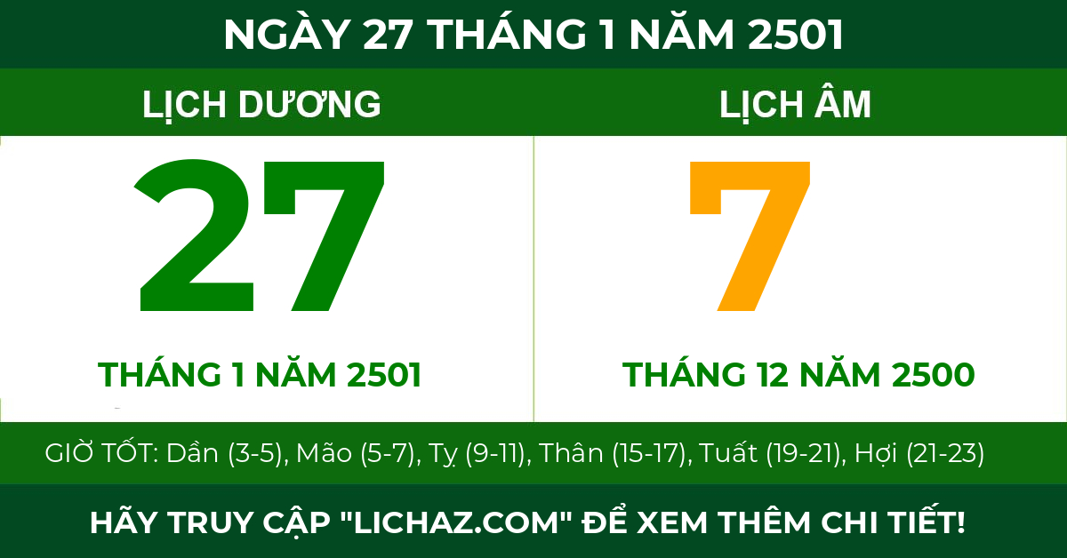 lịch âm ngày 27 tháng 1 năm 2501