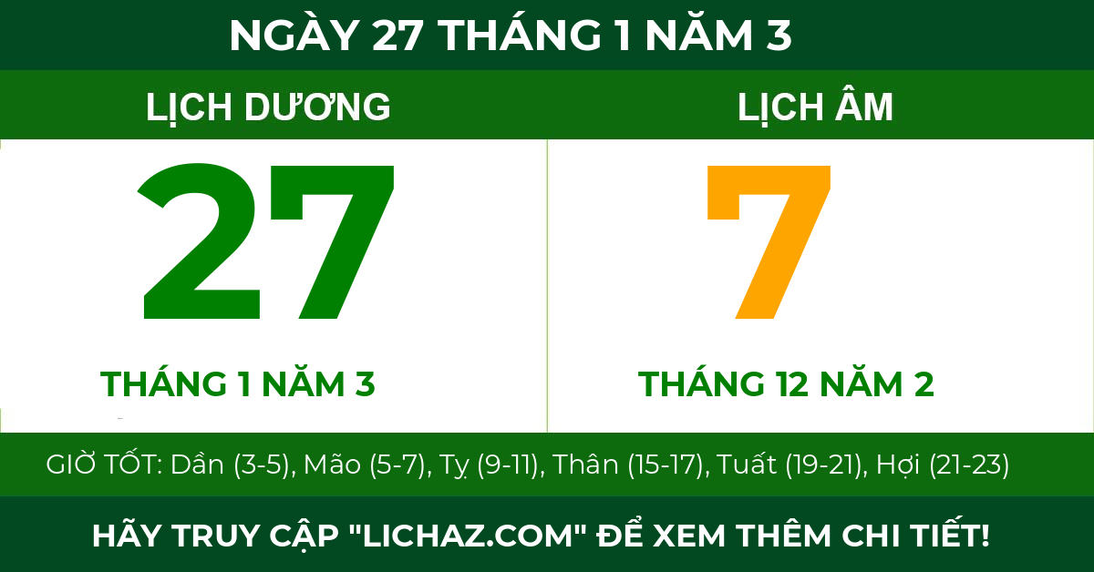 lịch âm ngày 27 tháng 1 năm 3