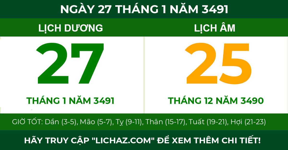lịch âm ngày 27 tháng 1 năm 3491