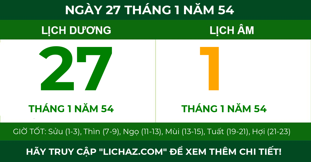 lịch âm ngày 27 tháng 1 năm 54