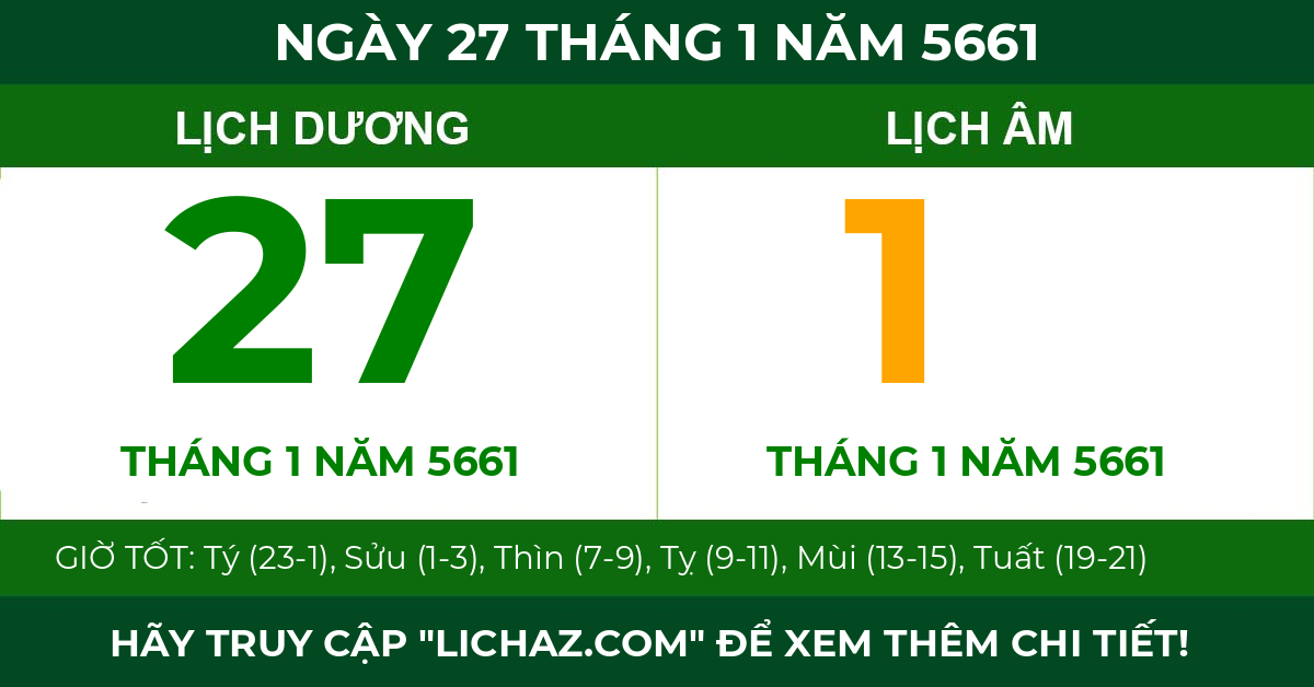 lịch âm ngày 27 tháng 1 năm 5661