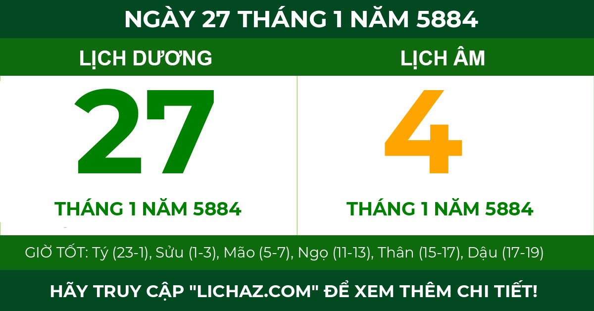 lịch âm ngày 27 tháng 1 năm 5884