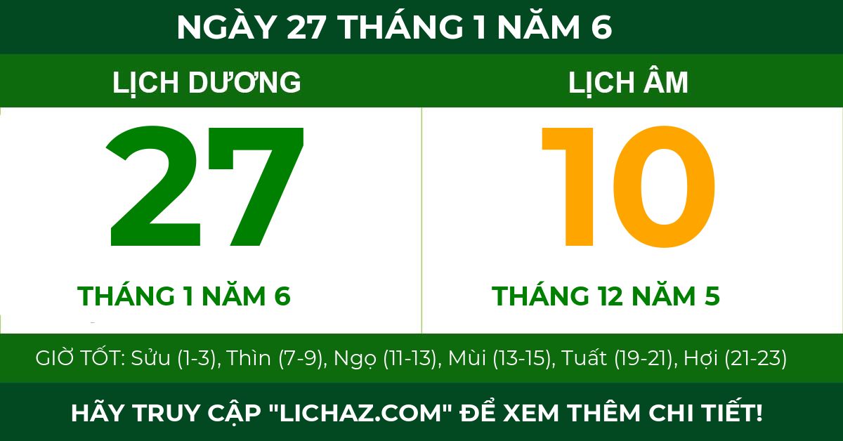 lịch âm ngày 27 tháng 1 năm 6