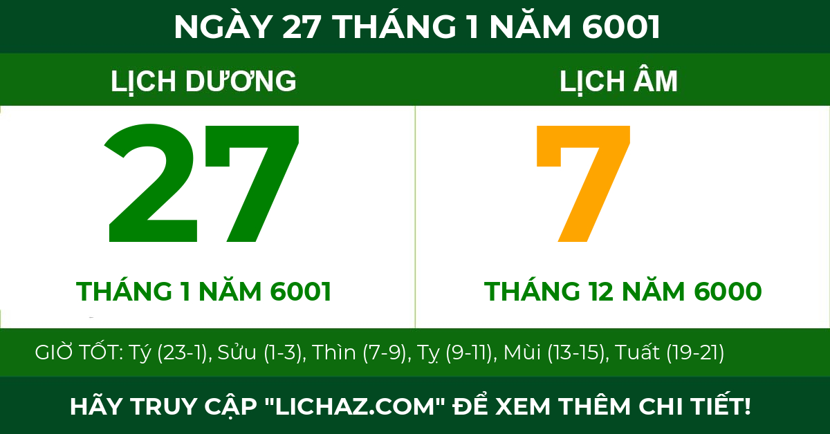 lịch âm ngày 27 tháng 1 năm 6001