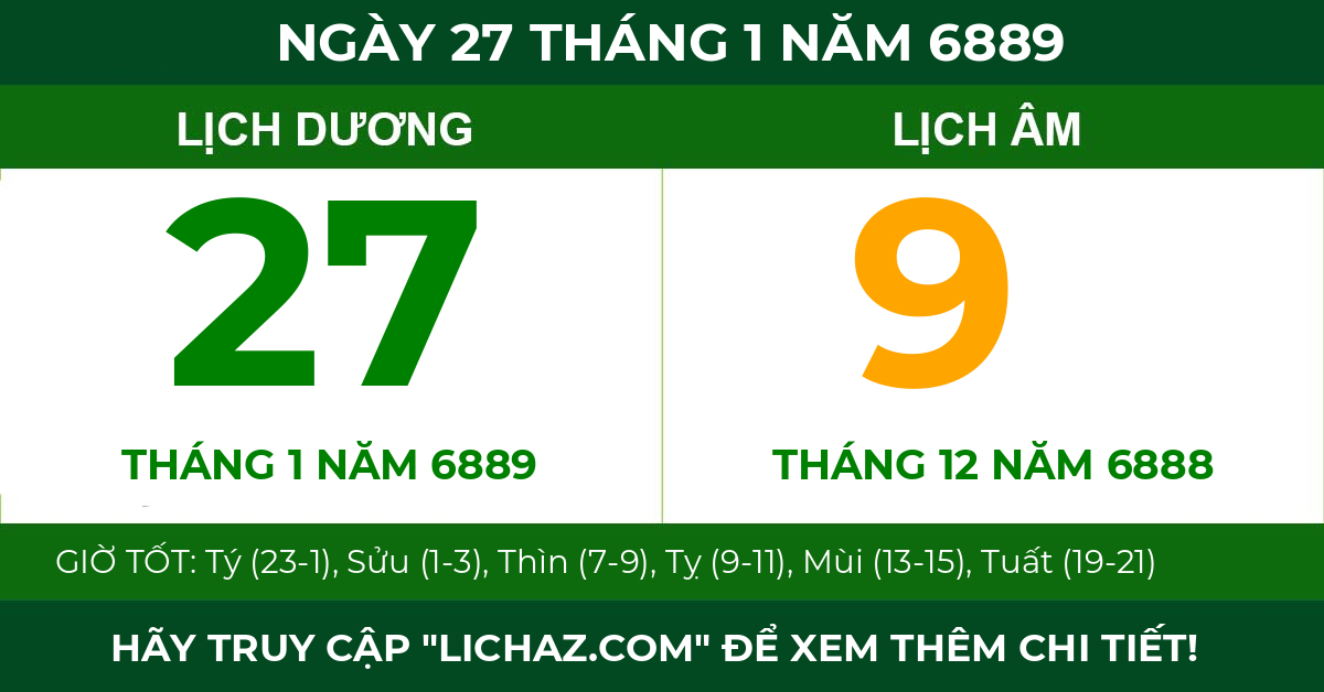 lịch âm ngày 27 tháng 1 năm 6889