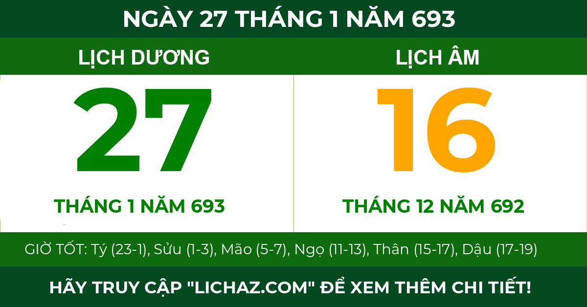 lịch âm ngày 27 tháng 1 năm 693