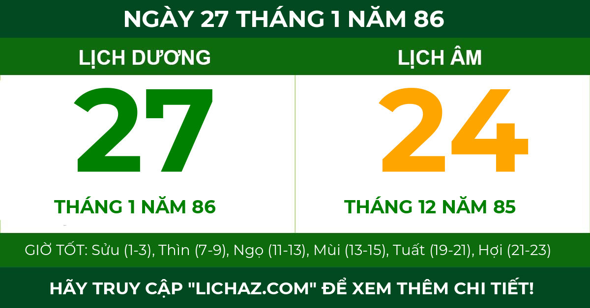 lịch âm ngày 27 tháng 1 năm 86