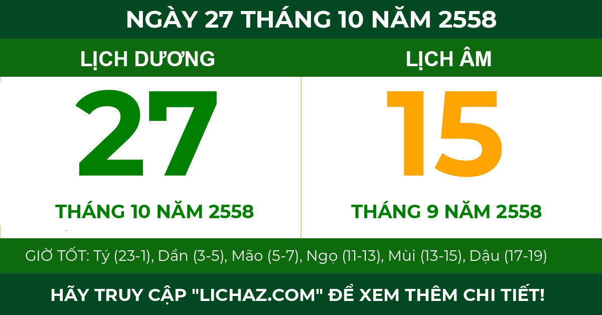 lịch âm ngày 27 tháng 10 năm 2558