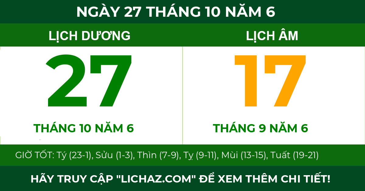 lịch âm ngày 27 tháng 10 năm 6