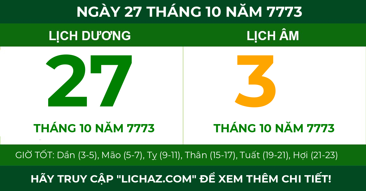 lịch âm ngày 27 tháng 10 năm 7773