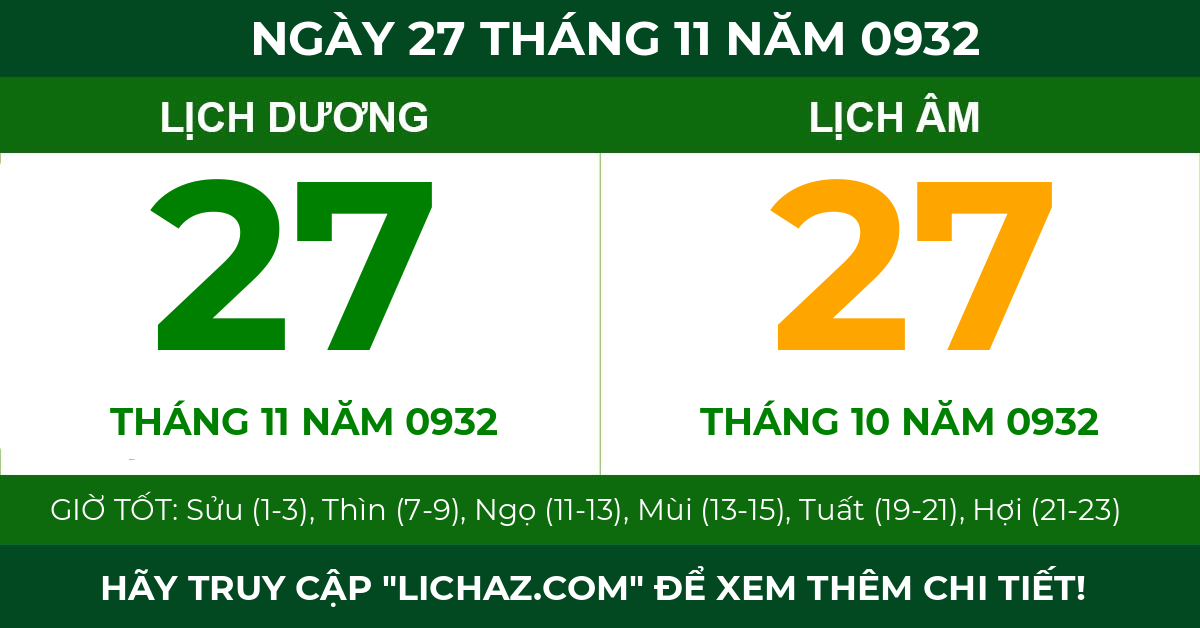 lịch âm ngày 27 tháng 11 năm 0932