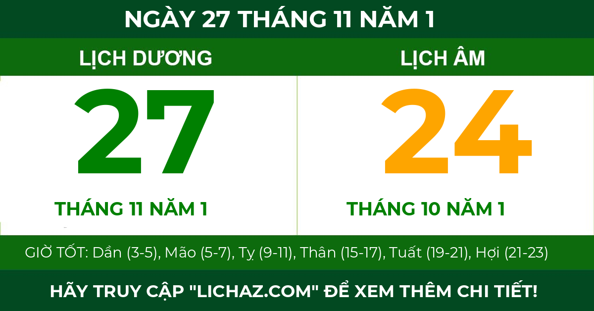 lịch âm ngày 27 tháng 11 năm 1