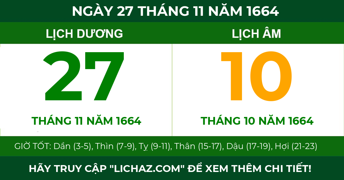 lịch âm ngày 27 tháng 11 năm 1664
