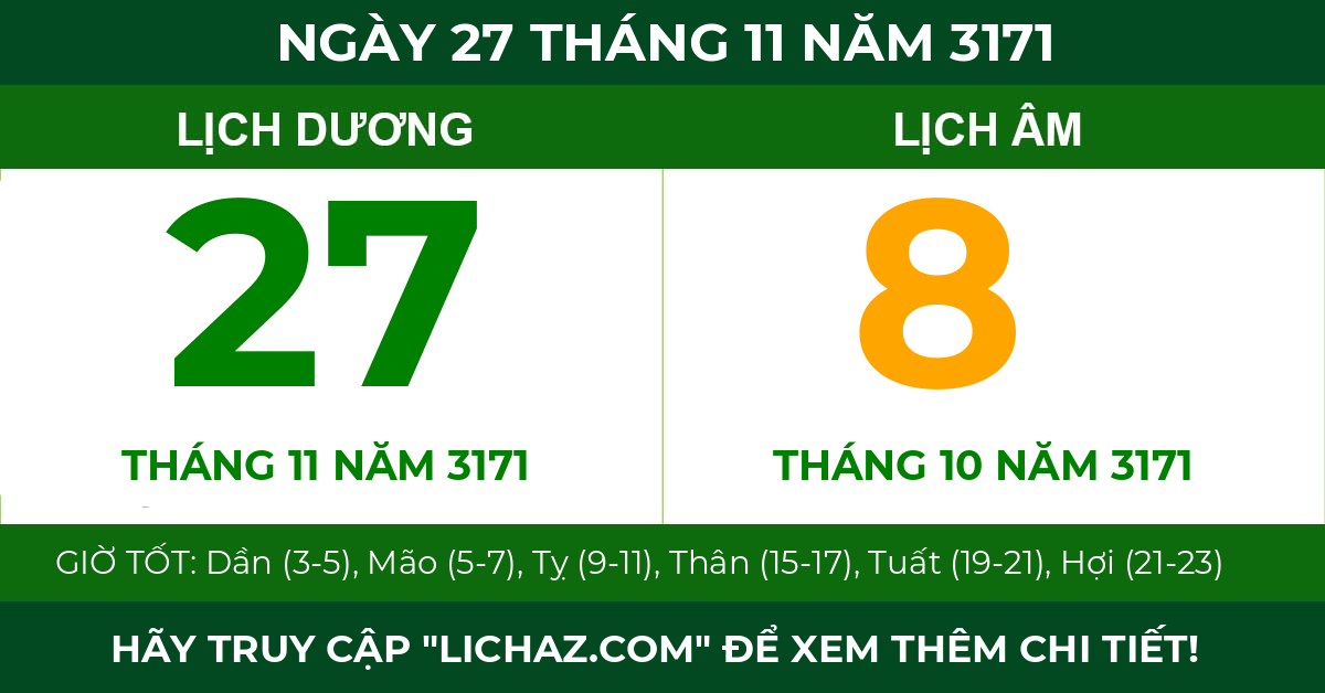 lịch âm ngày 27 tháng 11 năm 3171