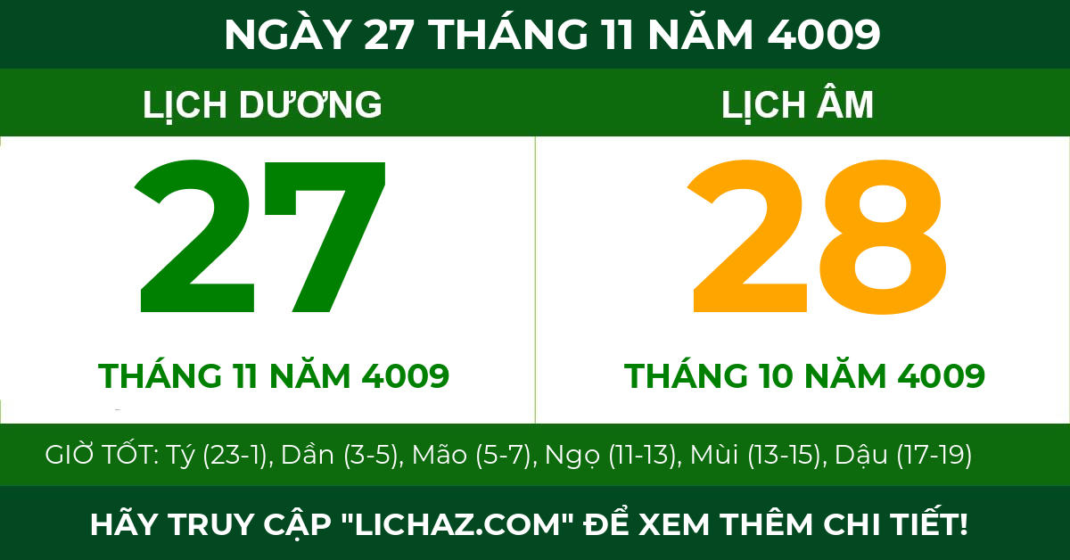 lịch âm ngày 27 tháng 11 năm 4009