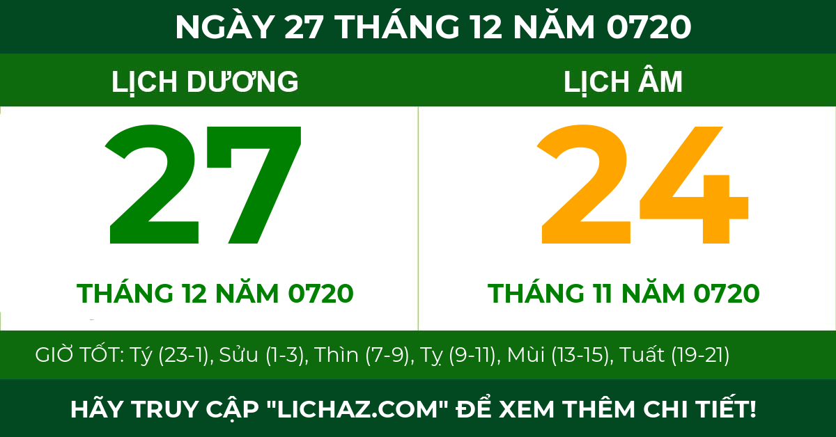 lịch âm ngày 27 tháng 12 năm 0720