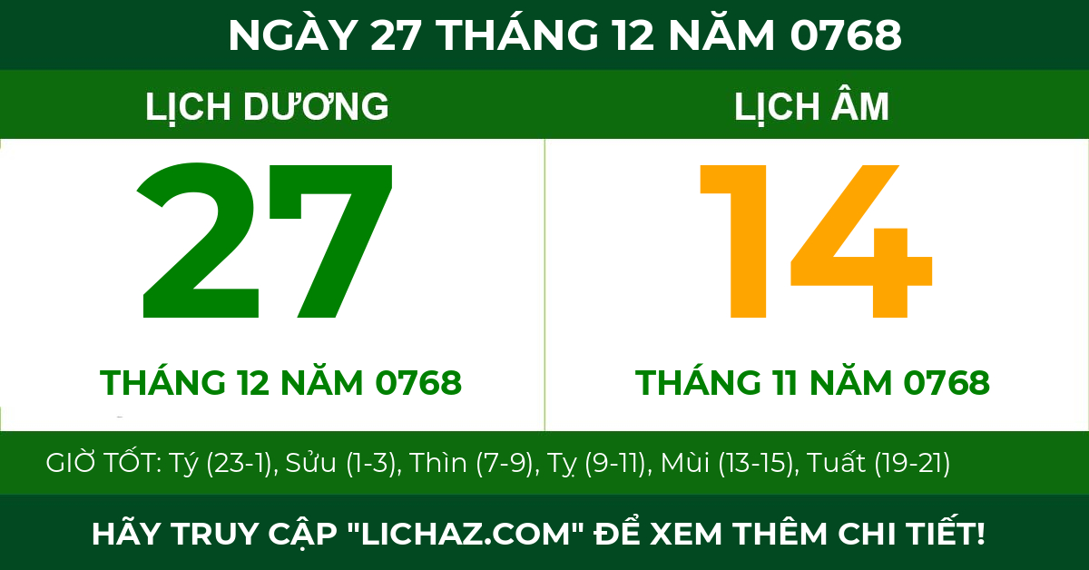 lịch âm ngày 27 tháng 12 năm 0768