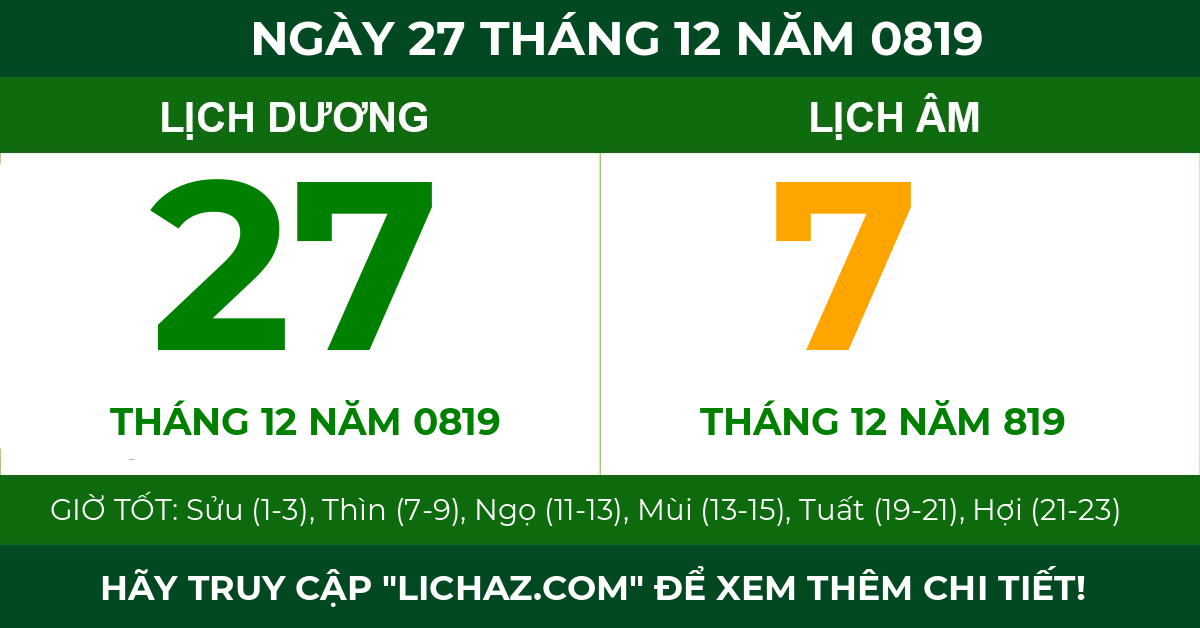 lịch âm ngày 27 tháng 12 năm 0819