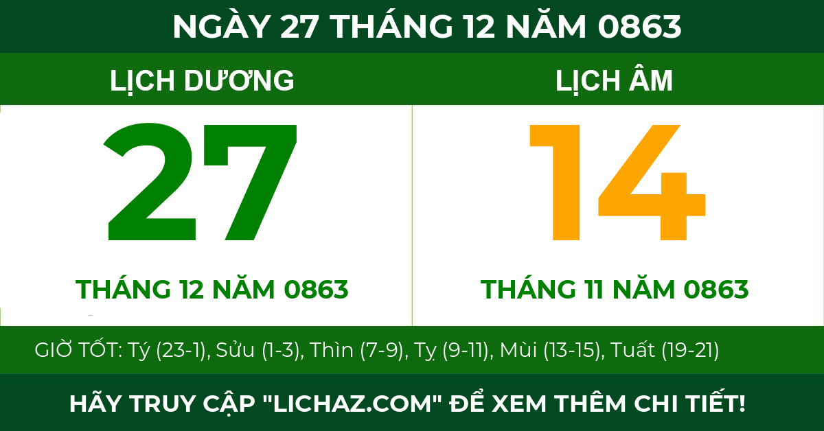 lịch âm ngày 27 tháng 12 năm 0863