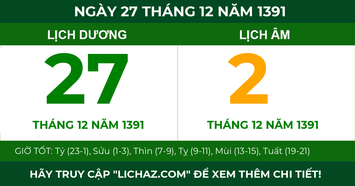 lịch âm ngày 27 tháng 12 năm 1391