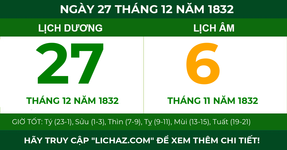 lịch âm ngày 27 tháng 12 năm 1832