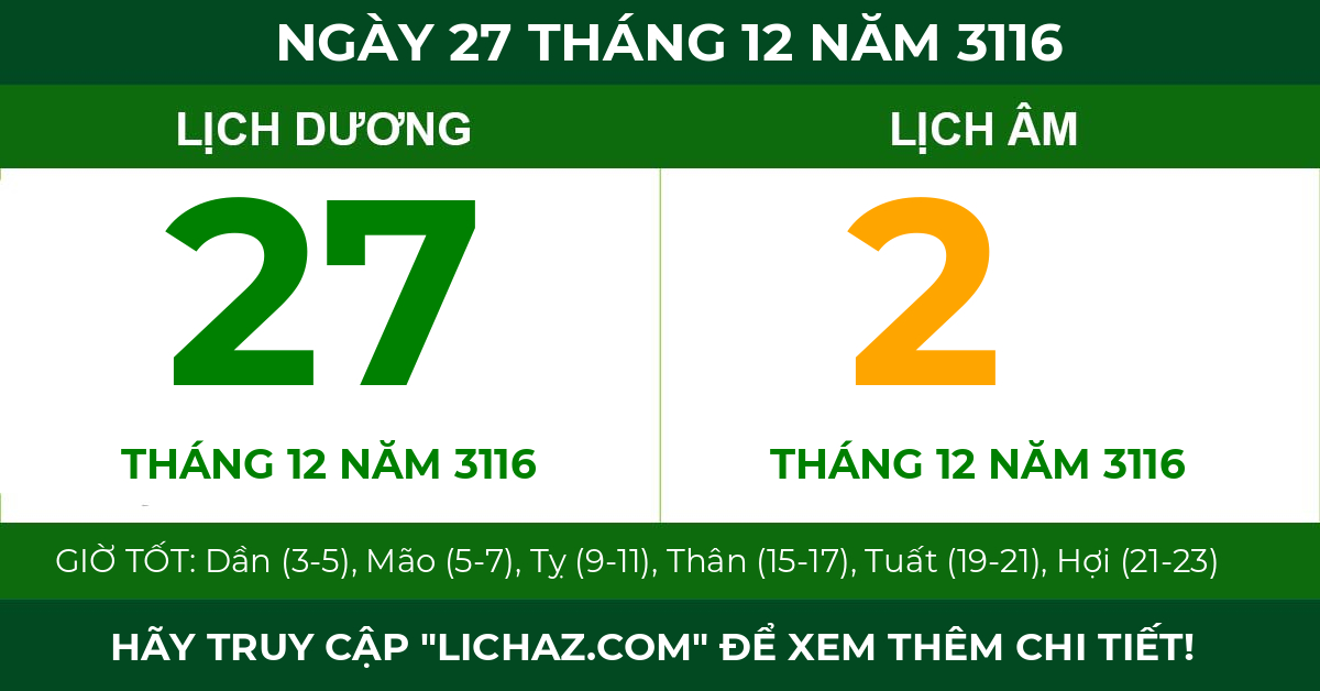 lịch âm ngày 27 tháng 12 năm 3116