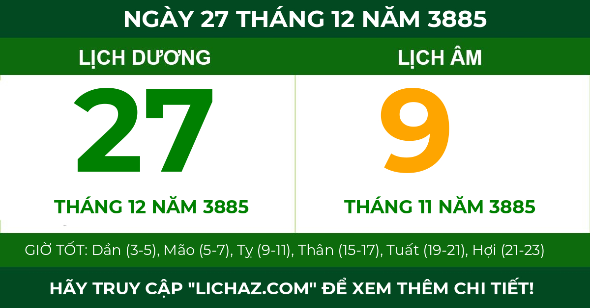 lịch âm ngày 27 tháng 12 năm 3885