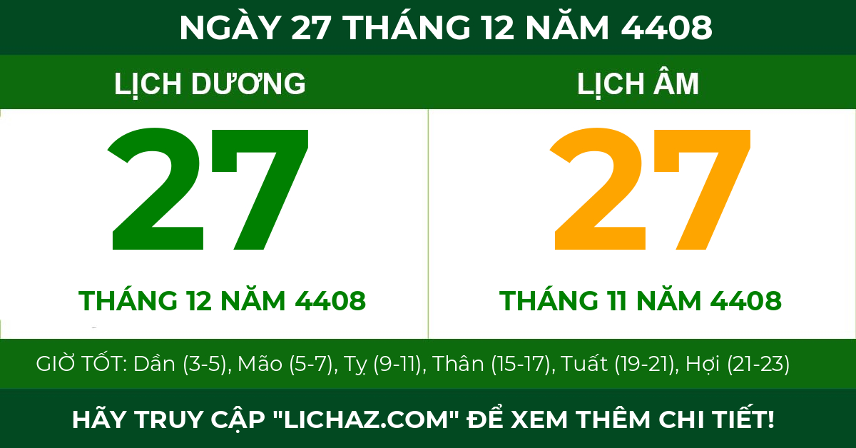 lịch âm ngày 27 tháng 12 năm 4408