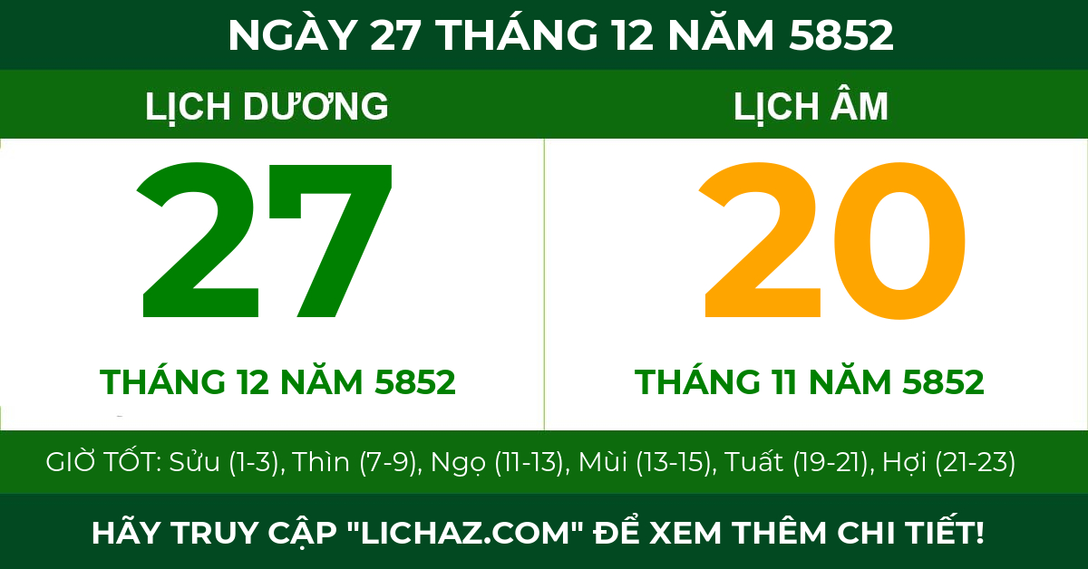 lịch âm ngày 27 tháng 12 năm 5852