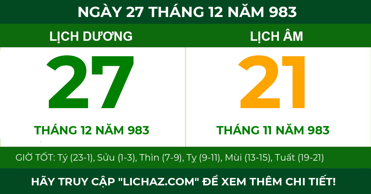 lịch âm ngày 27 tháng 12 năm 983