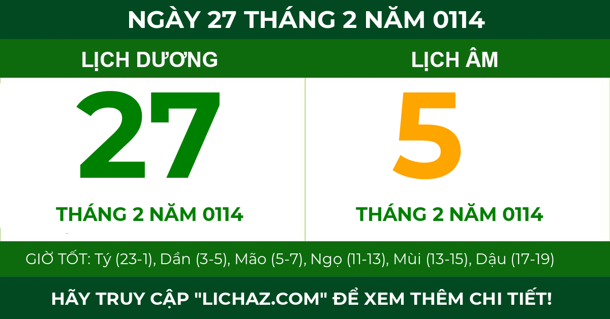 lịch âm ngày 27 tháng 2 năm 0114