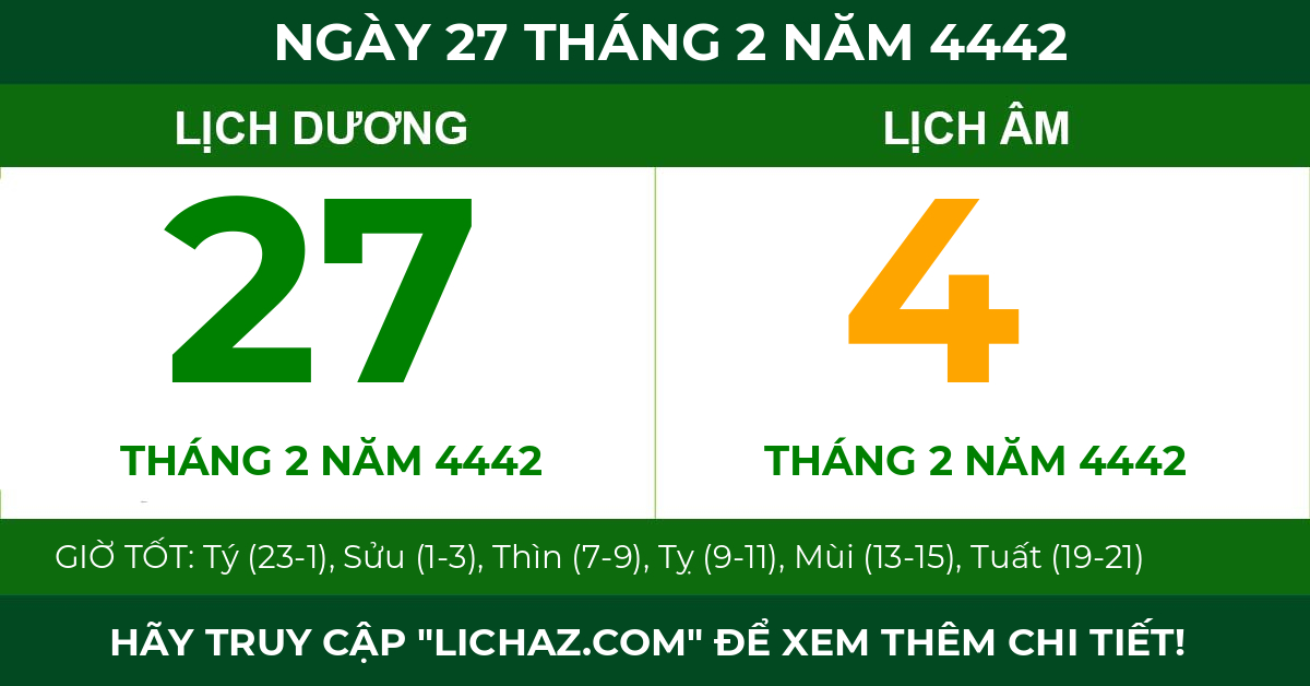 lịch âm ngày 27 tháng 2 năm 4442