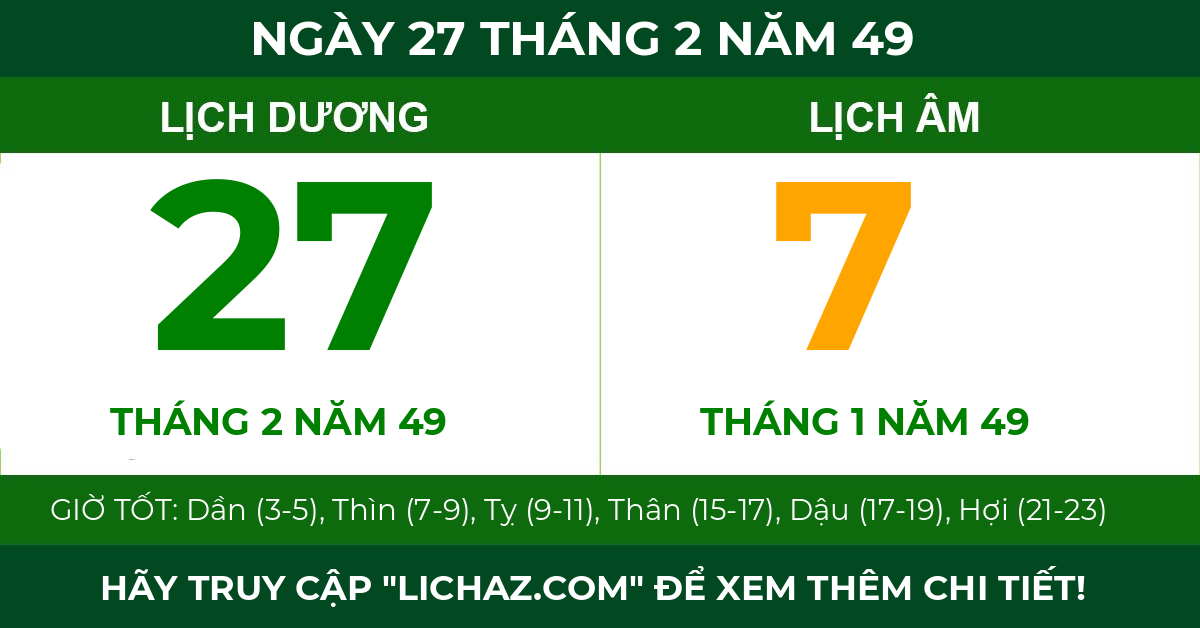 lịch âm ngày 27 tháng 2 năm 49