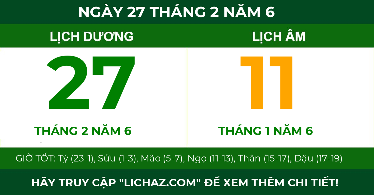 lịch âm ngày 27 tháng 2 năm 6