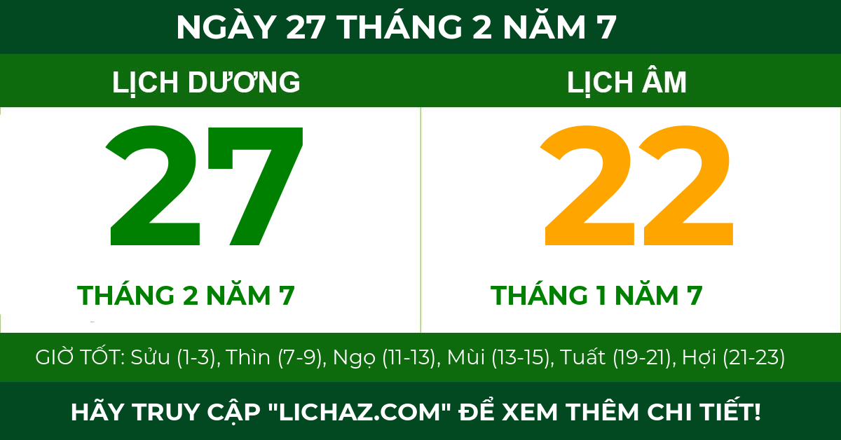 lịch âm ngày 27 tháng 2 năm 7