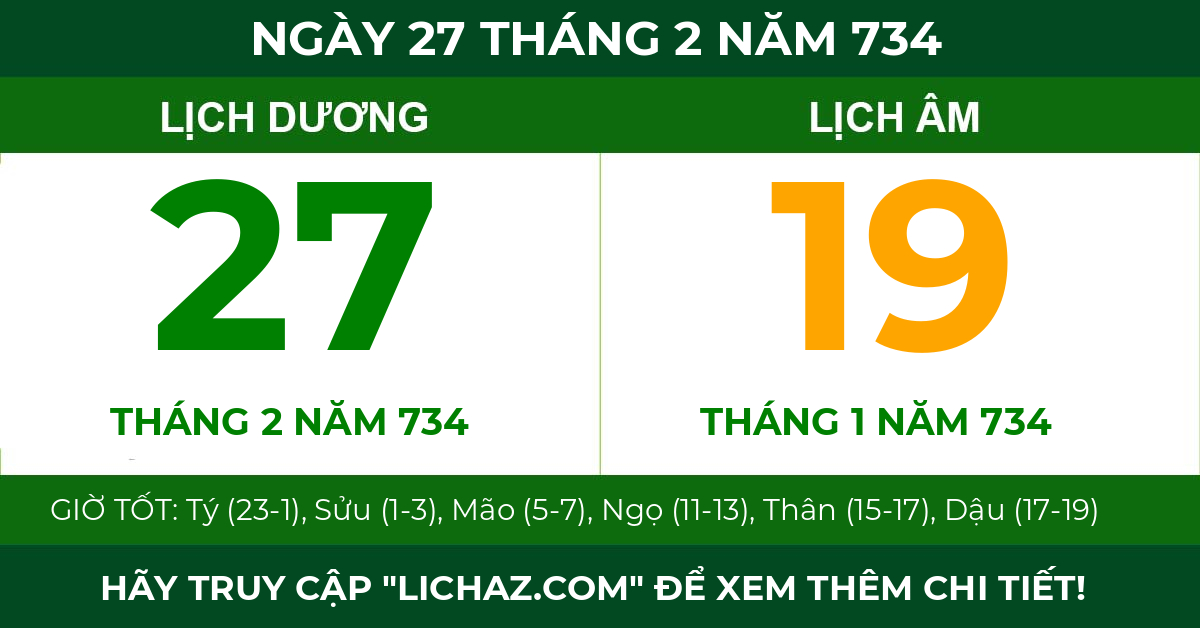 lịch âm ngày 27 tháng 2 năm 734