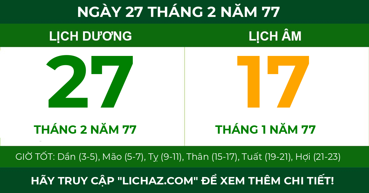 lịch âm ngày 27 tháng 2 năm 77