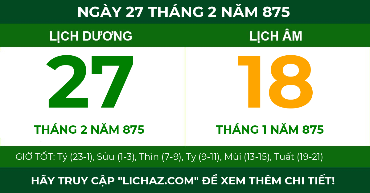 lịch âm ngày 27 tháng 2 năm 875