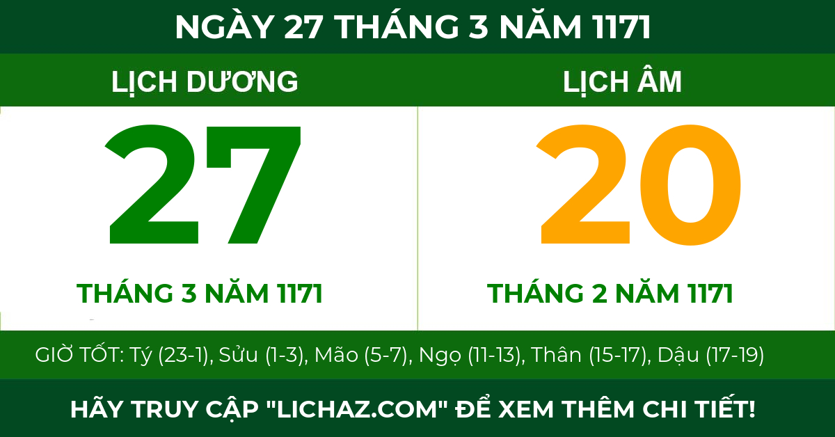 lịch âm ngày 27 tháng 3 năm 1171
