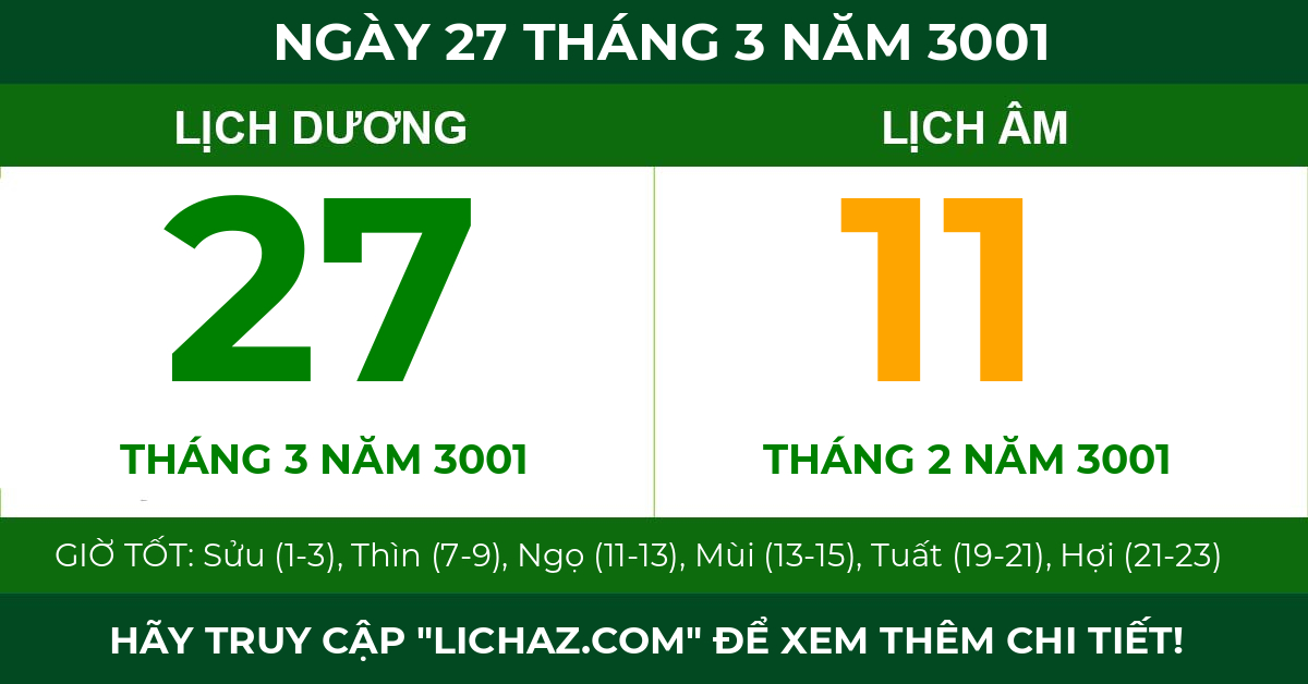 lịch âm ngày 27 tháng 3 năm 3001