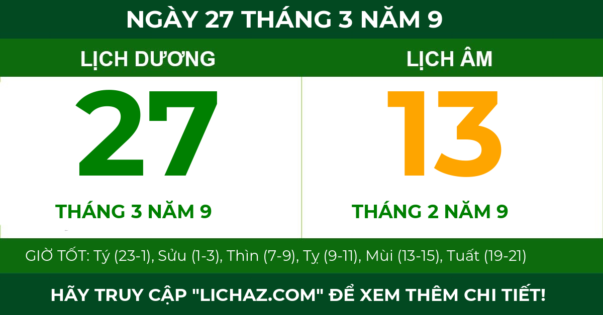 lịch âm ngày 27 tháng 3 năm 9