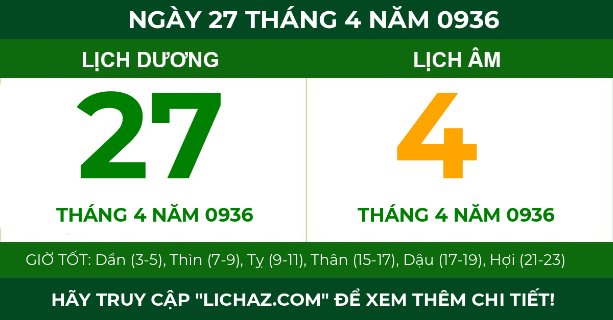 lịch âm ngày 27 tháng 4 năm 0936