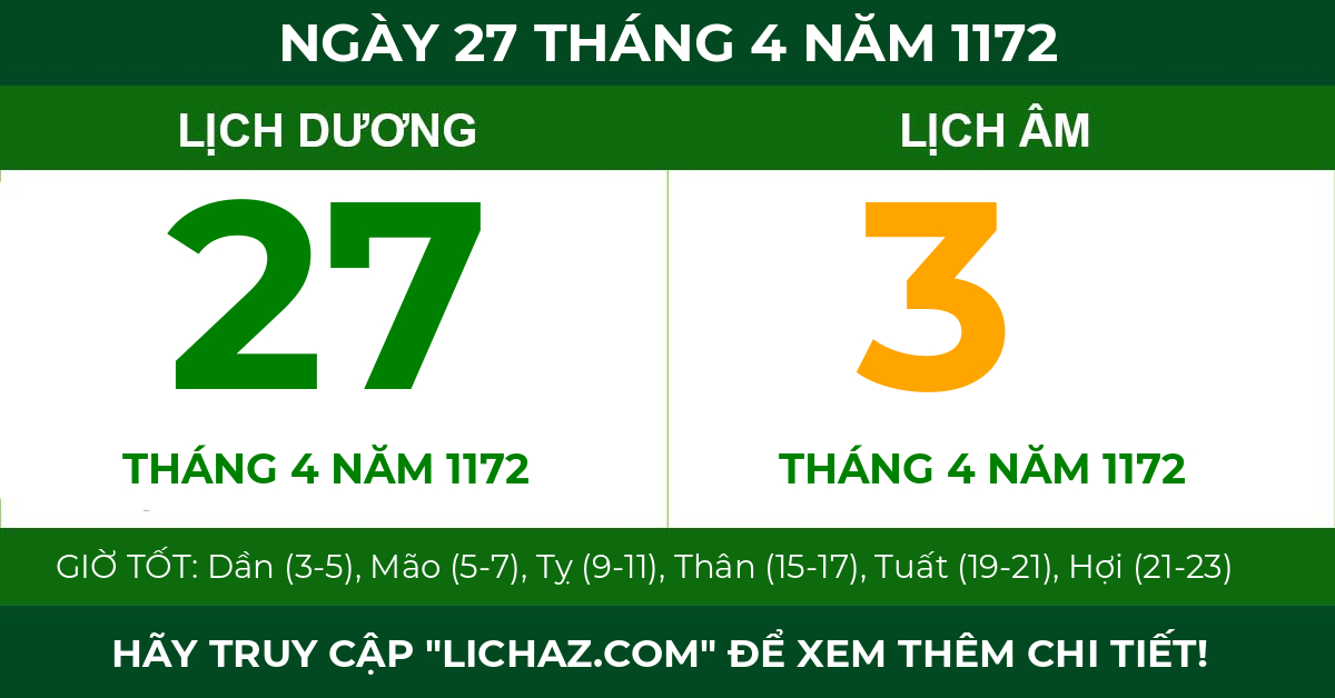 lịch âm ngày 27 tháng 4 năm 1172
