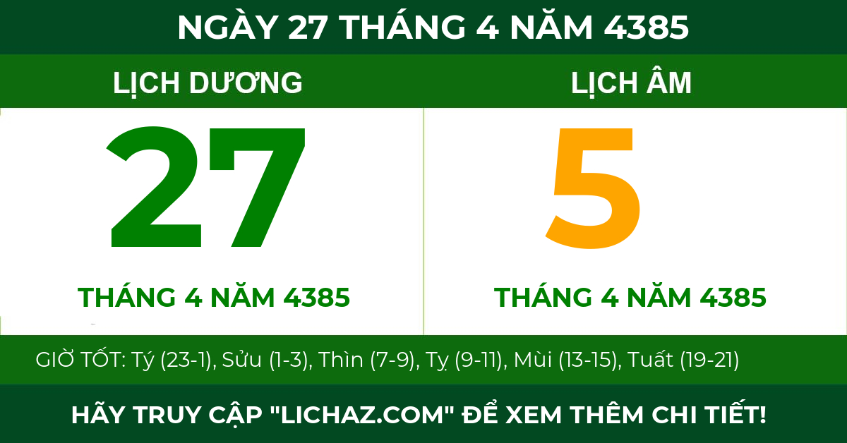 lịch âm ngày 27 tháng 4 năm 4385