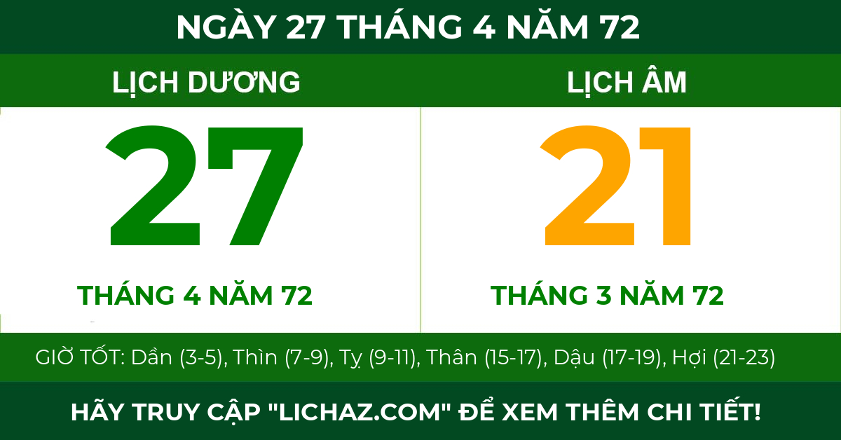 lịch âm ngày 27 tháng 4 năm 72