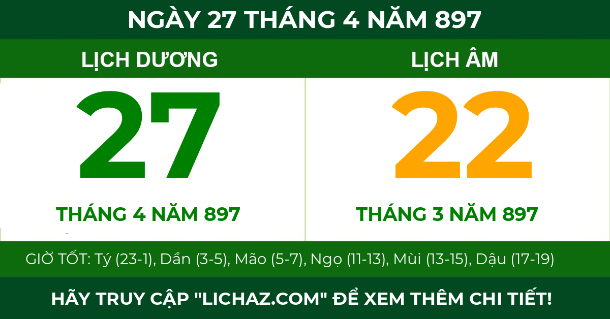lịch âm ngày 27 tháng 4 năm 897