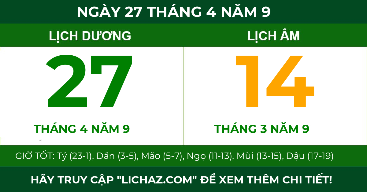 lịch âm ngày 27 tháng 4 năm 9